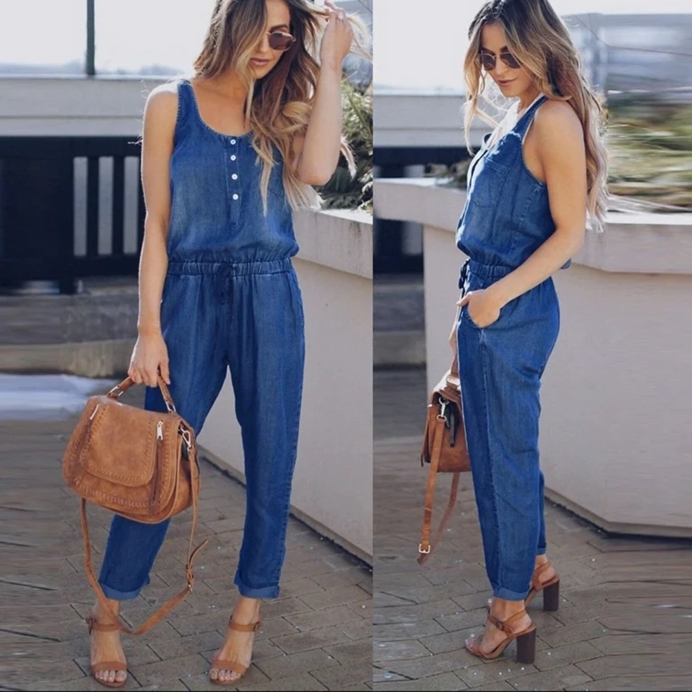 Red Dress Boutique- Walk Tall Dark Chambray Blue Jumpsuit- medium- dark chambray